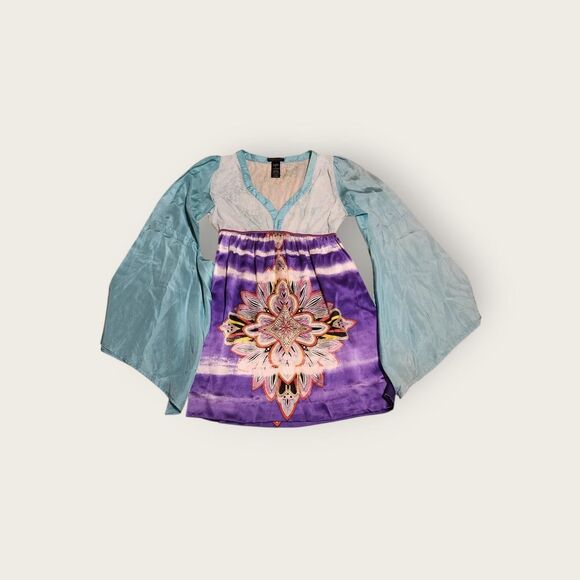 Vintage Y2k Custo Barcelona blue sheer v-neck flowy graphic bell sleeve shirt